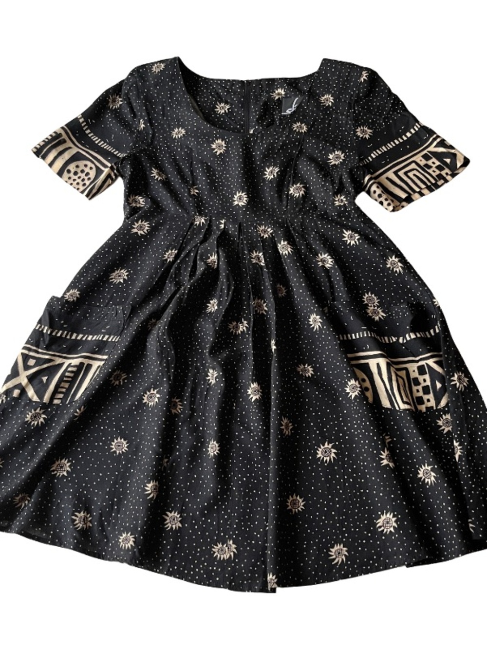 Vintage Elisse Black and Tan Abstract Mixed Print Dress - Picture 1 of 4